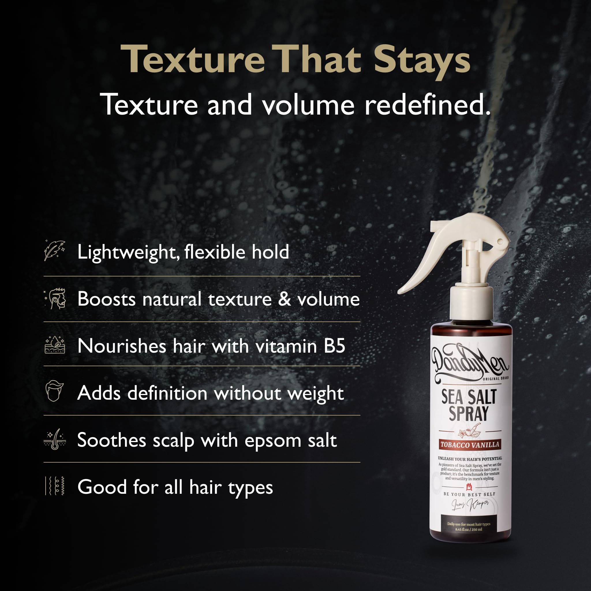 DandyMen Sea Salt Spray texture close-up shows beachy volume and natural movement.