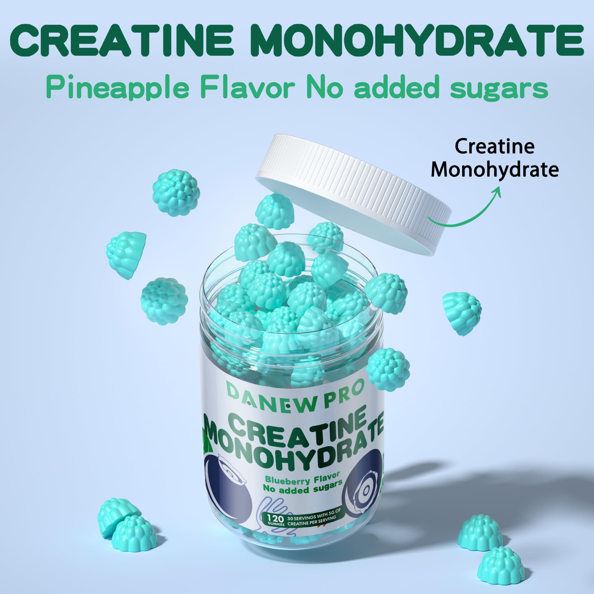 Front label of DANEW Pro Creatine Gummies bottle indicating quality