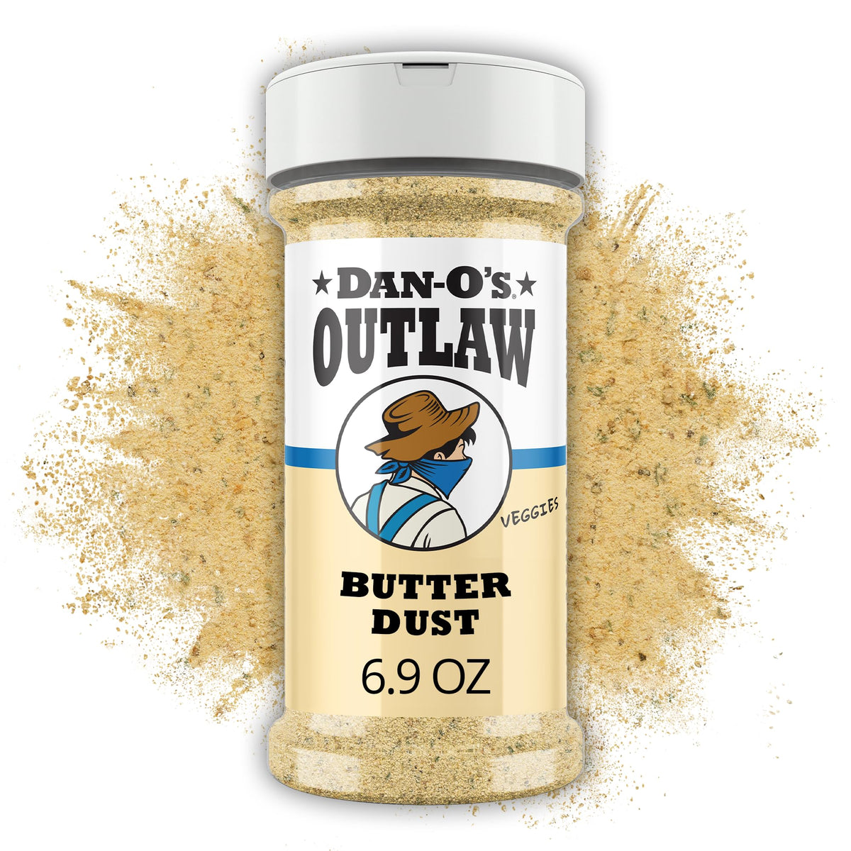 Dan-O’s Outlaw Butter Dust bottle showing rich, butter-like flavor without melting