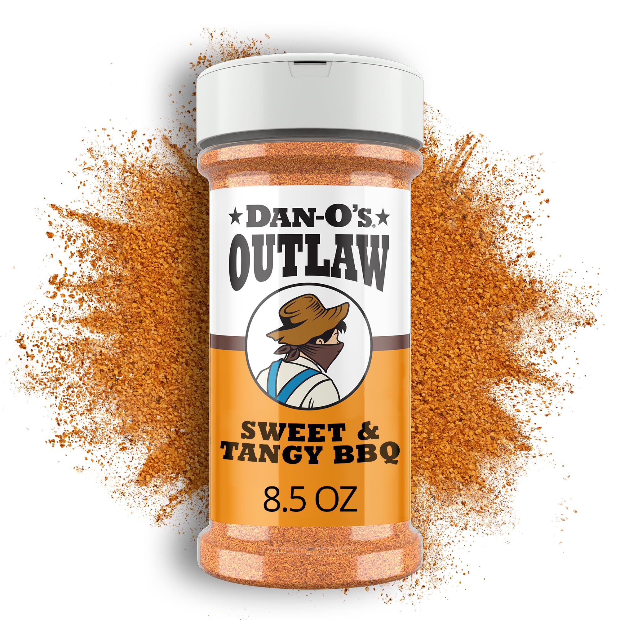 Dan-O's Outlaw Sweet & Tangy BBQ bottle close-up for bold grilling flavor