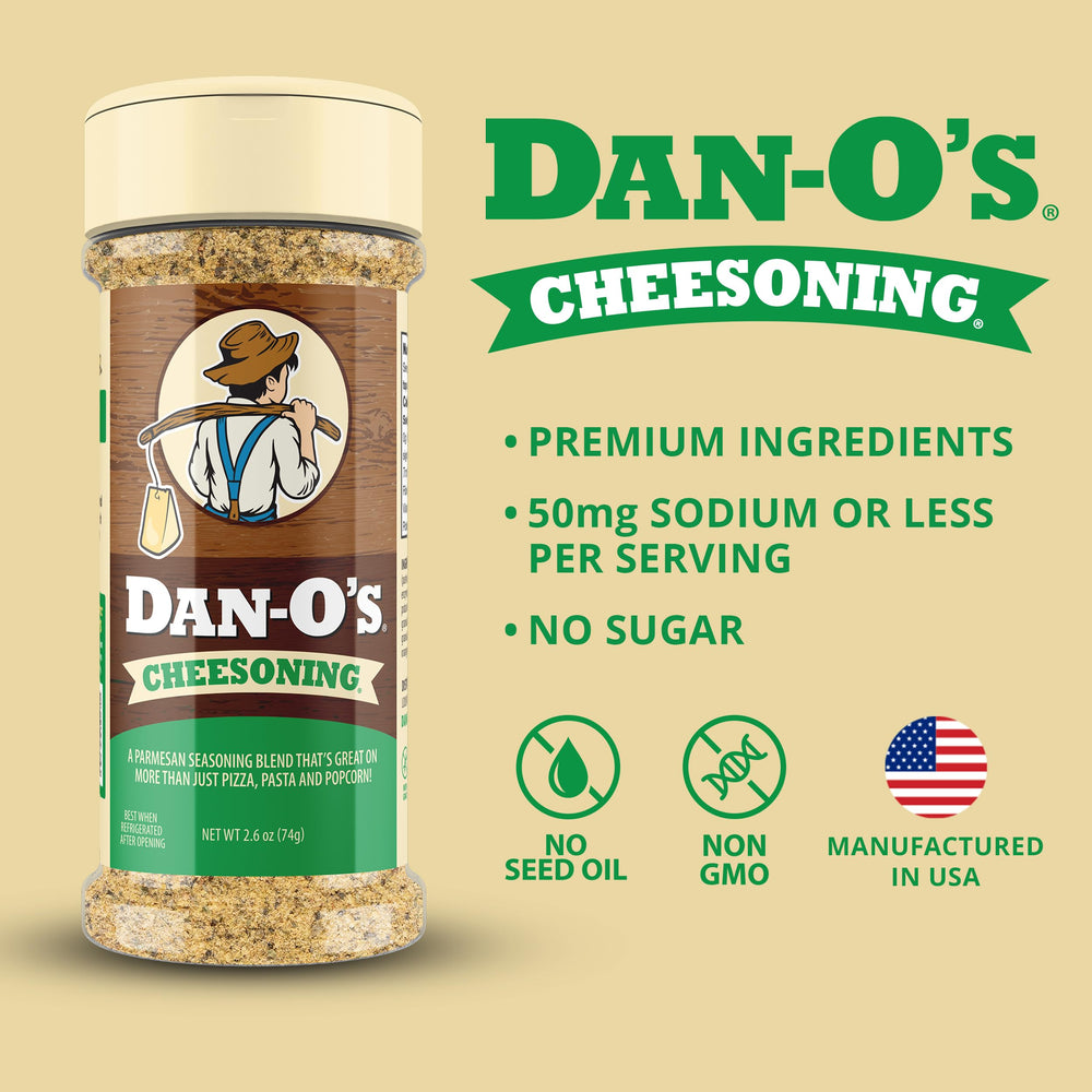 Dan-O's Original Cheesoning bottle pour blends parmesan with Italian herbs for versatility