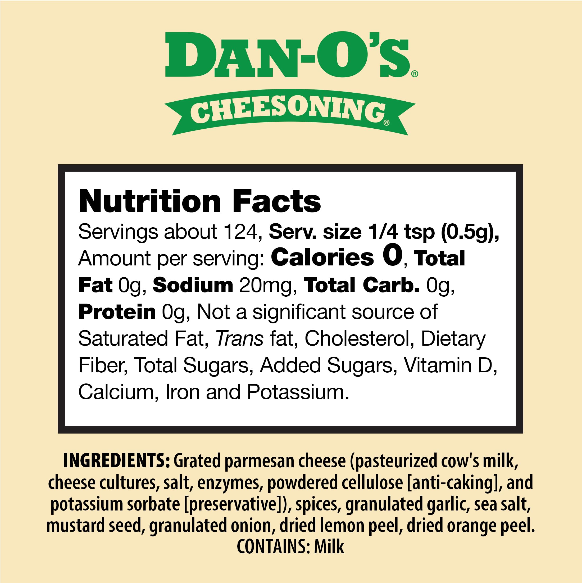 Dan-O's Cheesoning Seasoning bottle back label notes ingredients and sugar-free, zero-calorie claim.