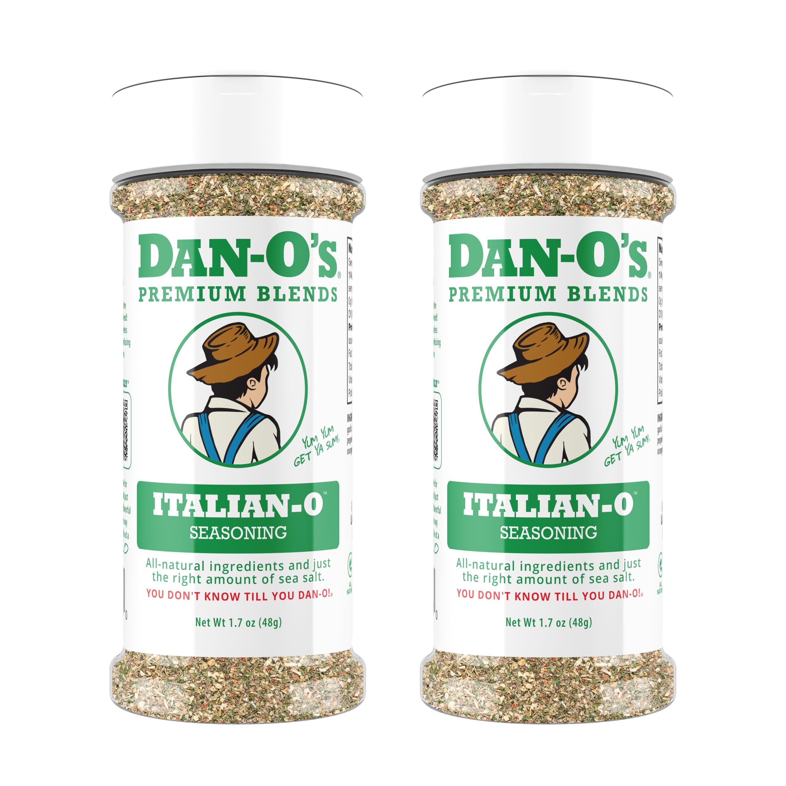 Dan-O's Italian-O seasoning bottle front showing bold flavor for pasta and pizza.