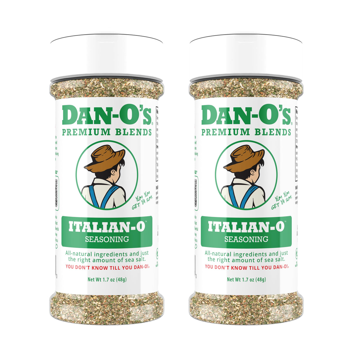 Dan-O's Italian-O seasoning bottle front showing bold flavor for pasta and pizza.