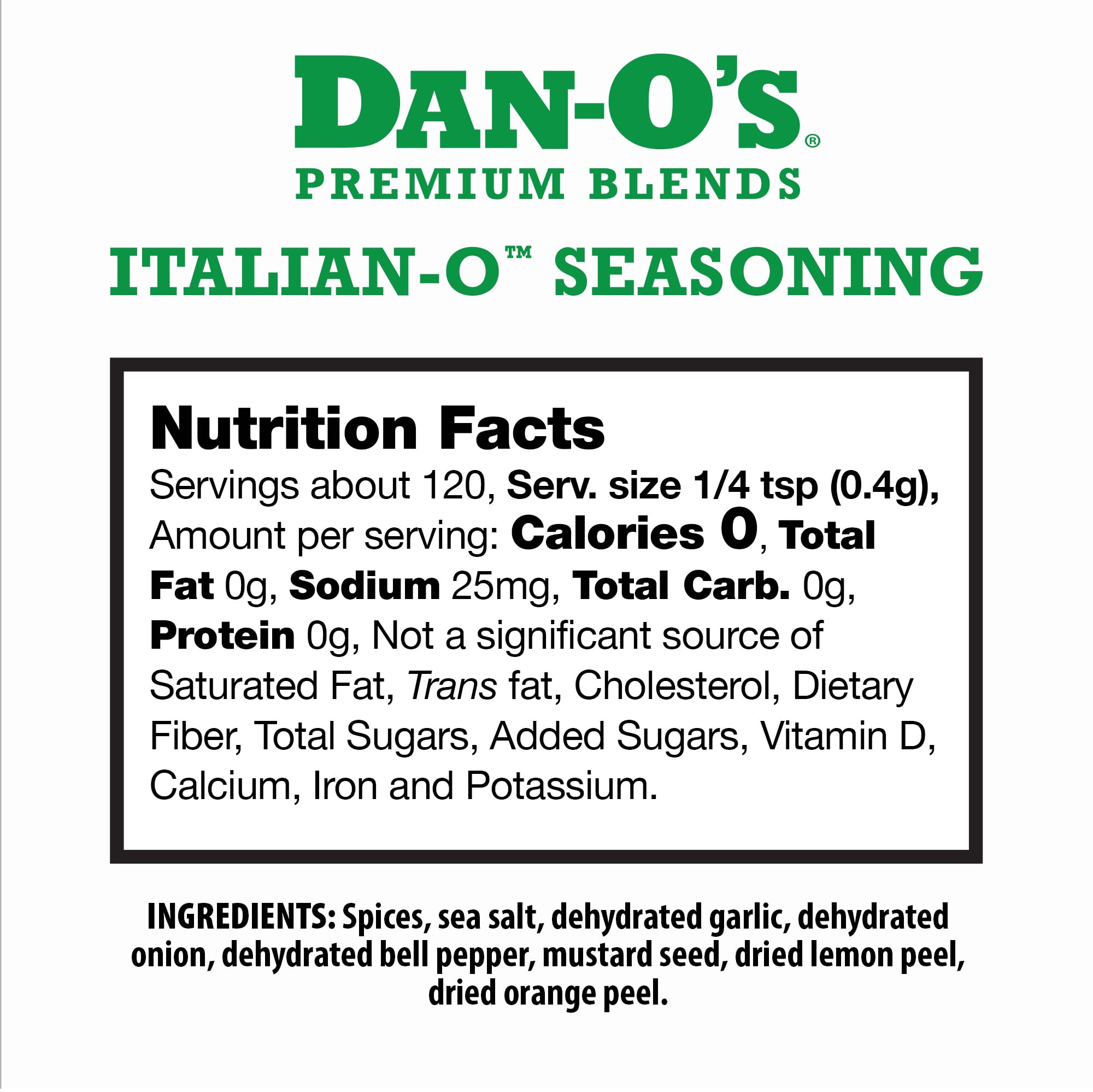 Two-pack display of Dan-O's Italian-O Seasoning for versatile kitchen use.