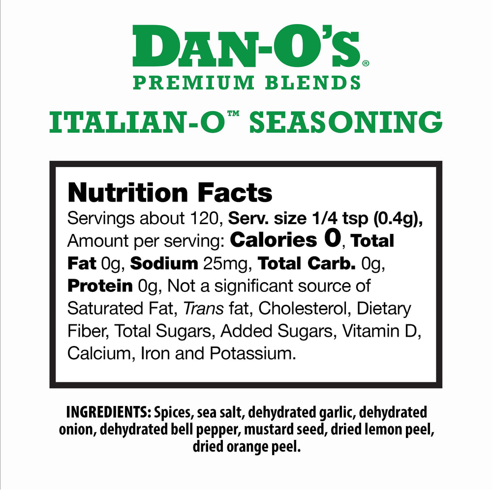 Two-pack display of Dan-O's Italian-O Seasoning for versatile kitchen use.