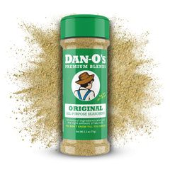 Dan-O's Original Seasoning bottle front view for versatile flavor on meats and vegetables.