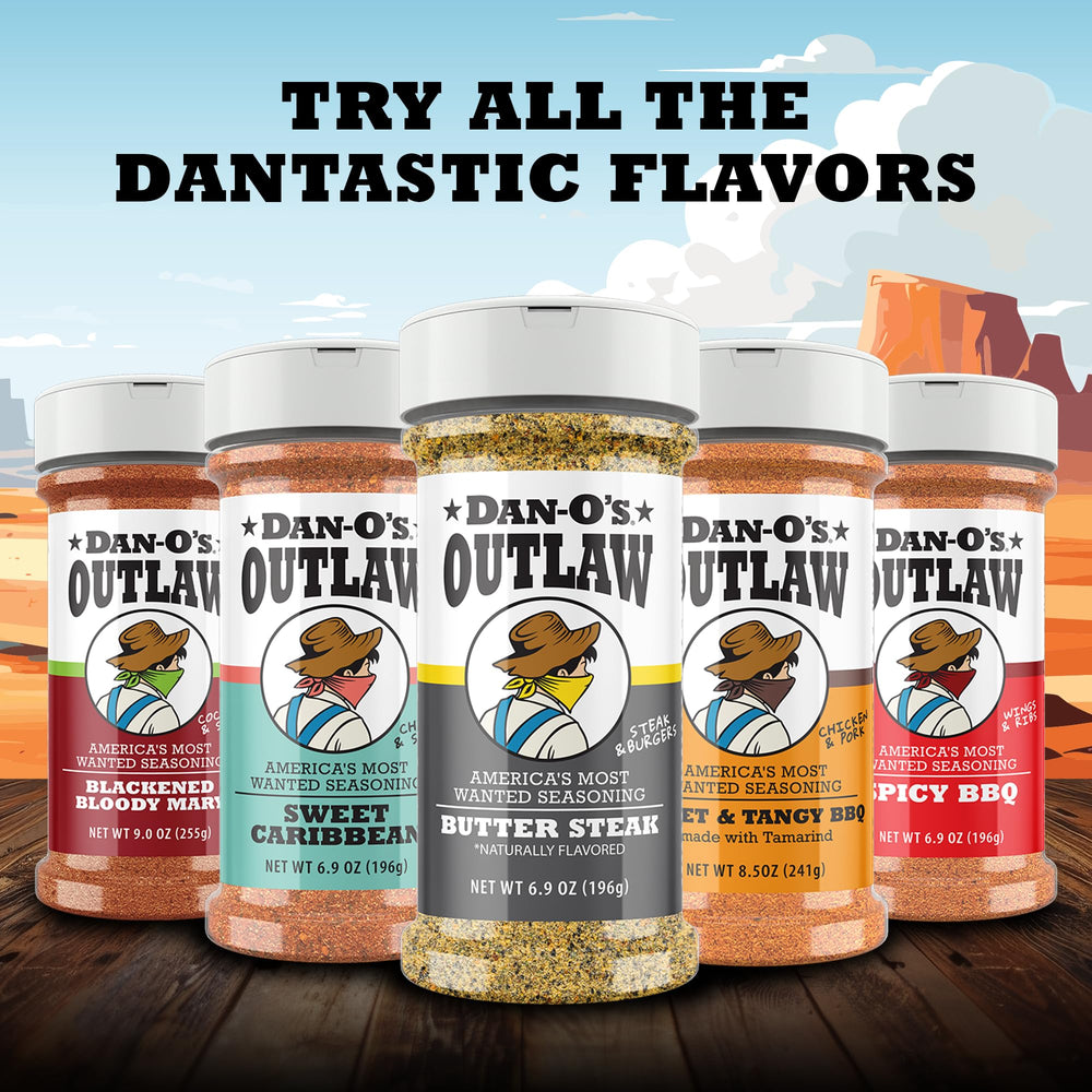 Close-up of Dan-O's Outlaw Butter Steak Seasoning label and packaging