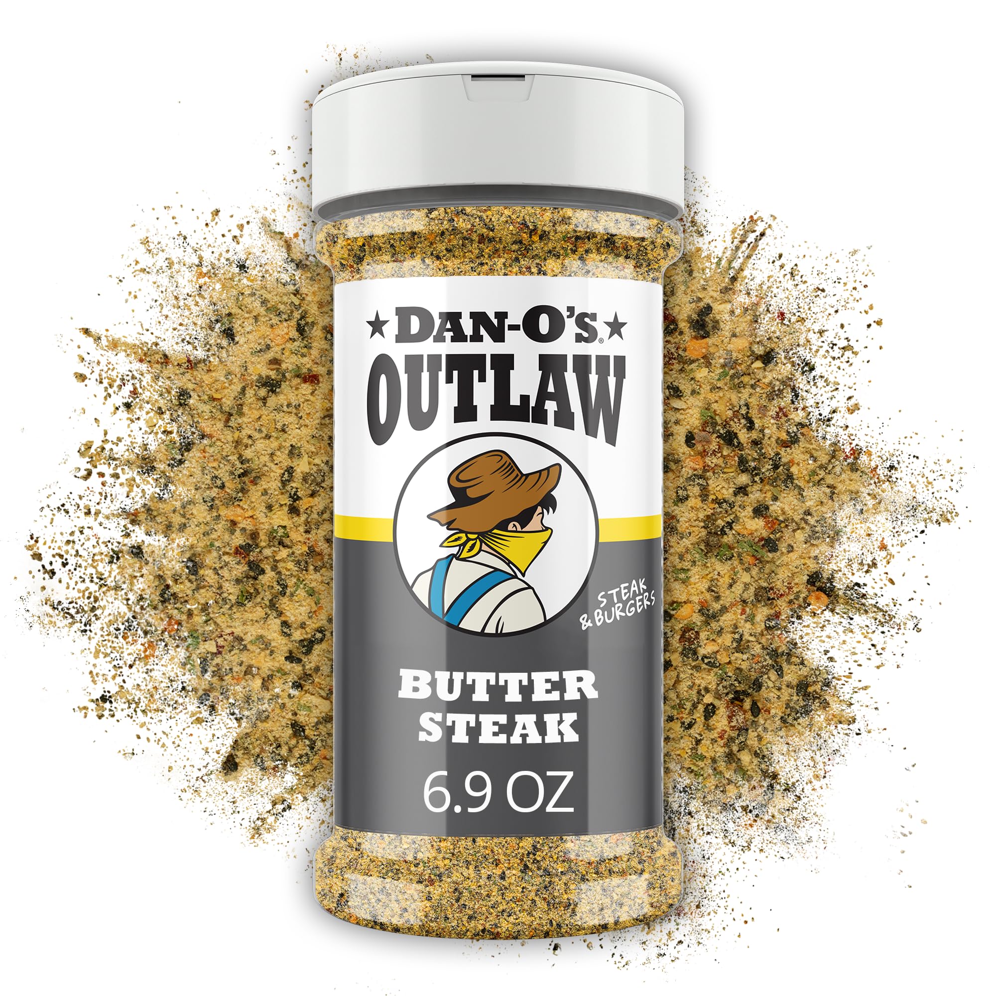 Dan-O's Outlaw Butter Steak Seasoning bottle ready for bold steak flavor