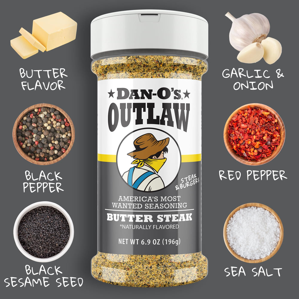 Dan-O's Outlaw Butter Seasoning rub on steak for rich savory crust