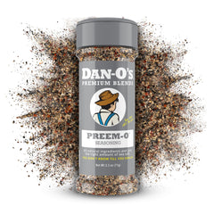 Dan-O's Preem-O seasoning bottle ready for steak and BBQ flavor
