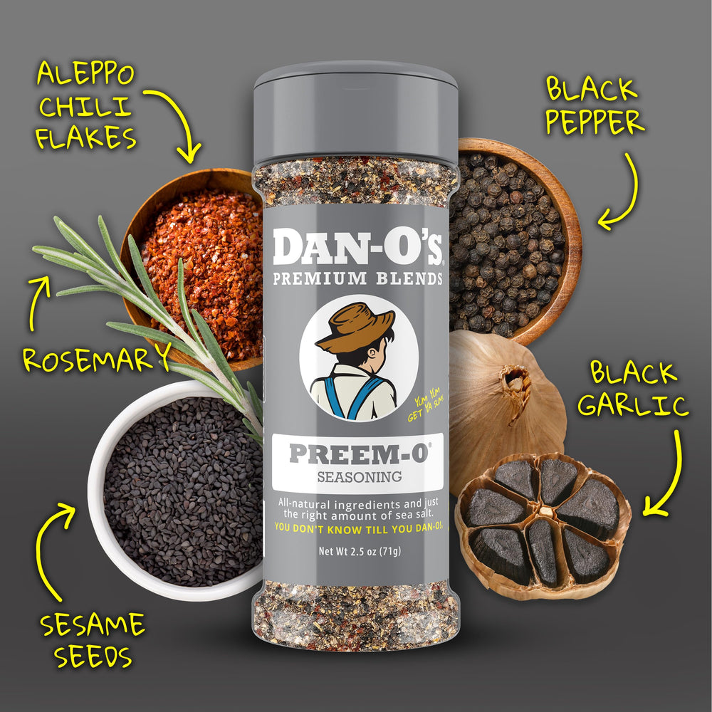 Steak sprinkled with Dan-O's Preem-O for rich seasoning