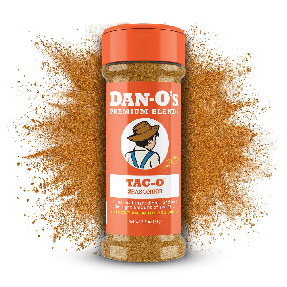 Dan-O's Tac-O Seasoning bottle pour shows bold versatile flavor for tacos and more