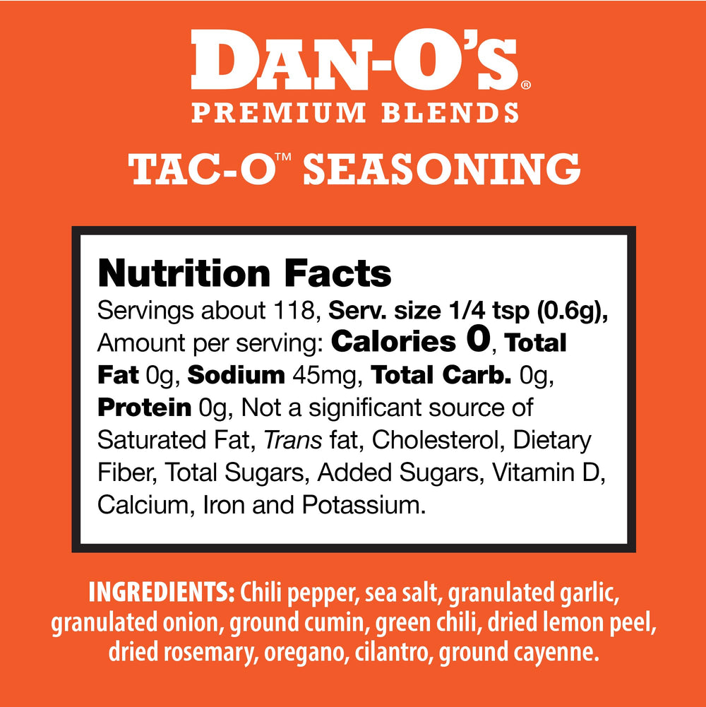 Dan-O's Tac-O Seasoning jar closeup highlights premium chili peppers and spices