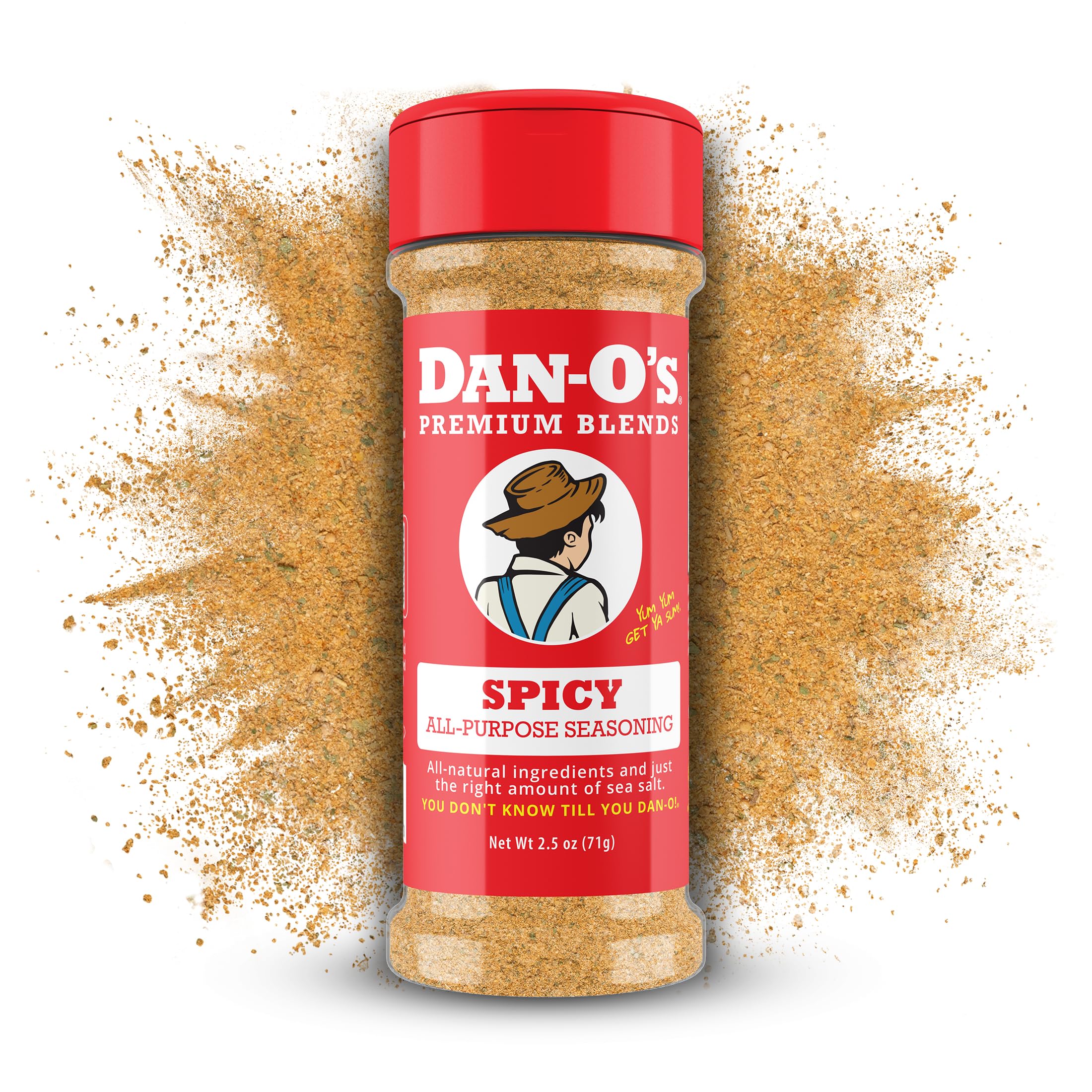 Dan-O's Spicy Seasoning bottle close-up, ideal for wings and grilled chicken.
