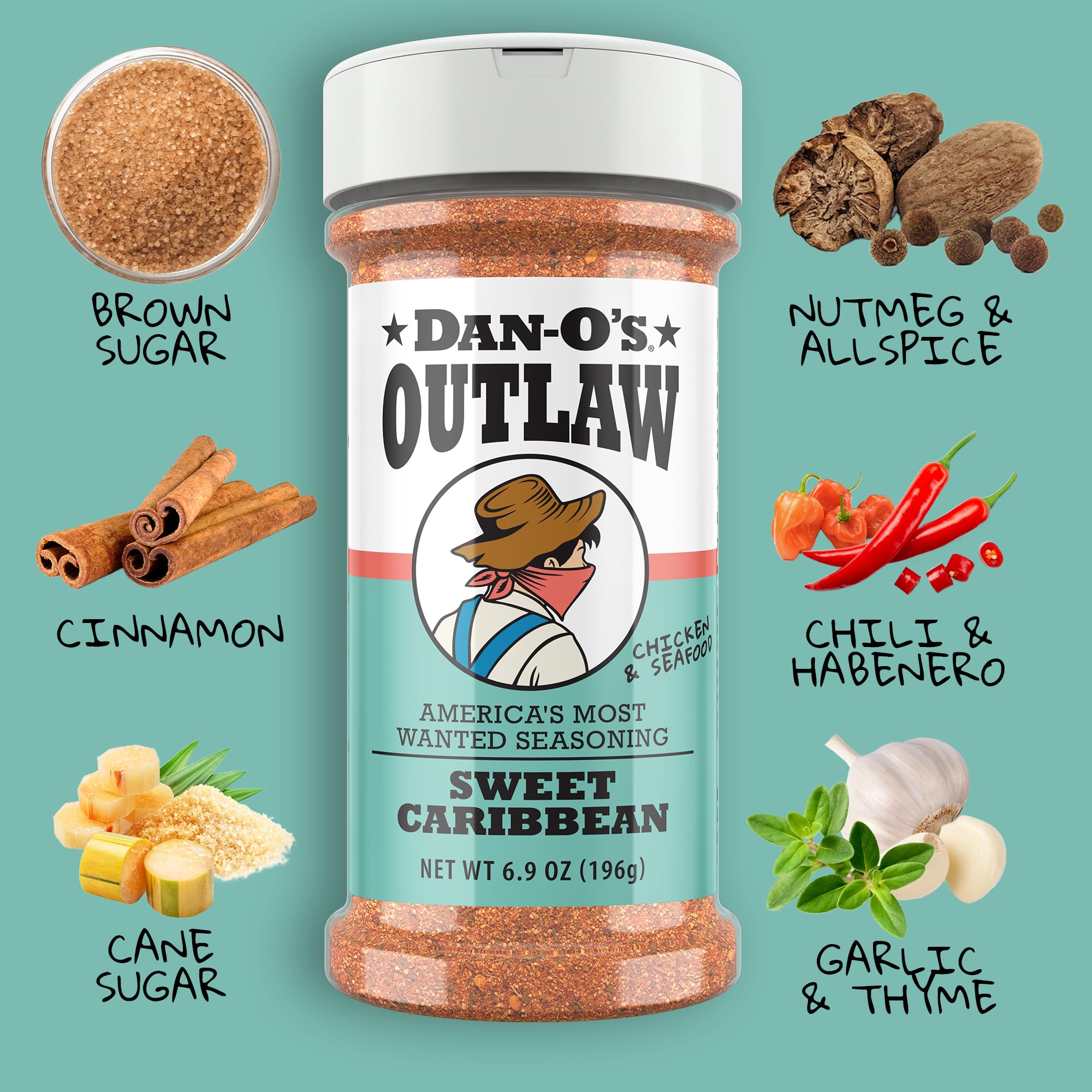 Dan-O's Outlaw grill scene showing seasoning in use on a variety of foods
