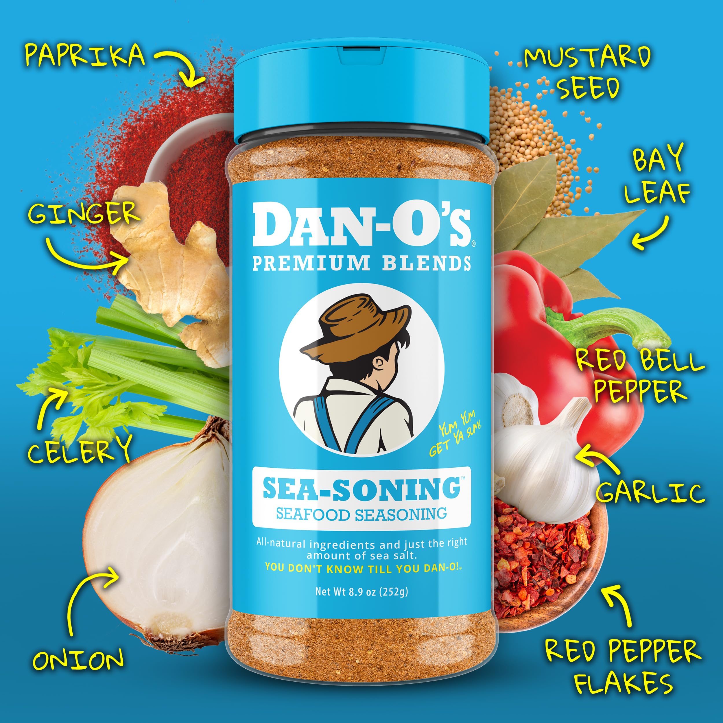 Dan-O's SEA-soning dry spice mix showcased on kitchen counter.