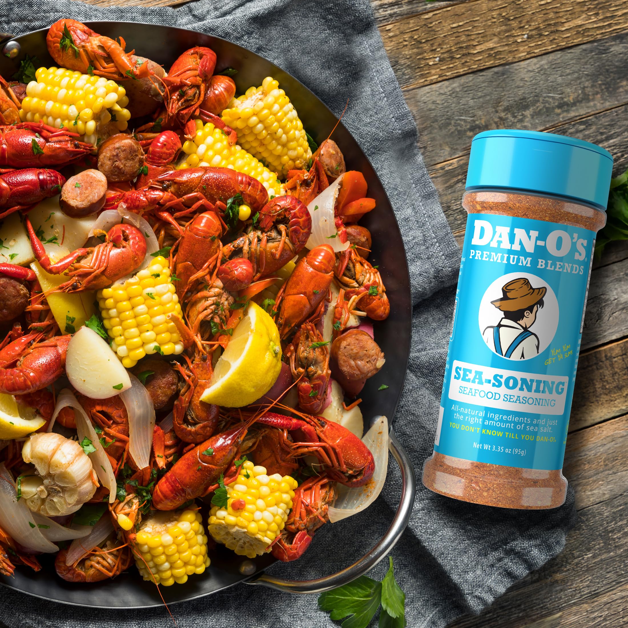 Dan-O's SEA-soning used in seafood boil for bold bites.