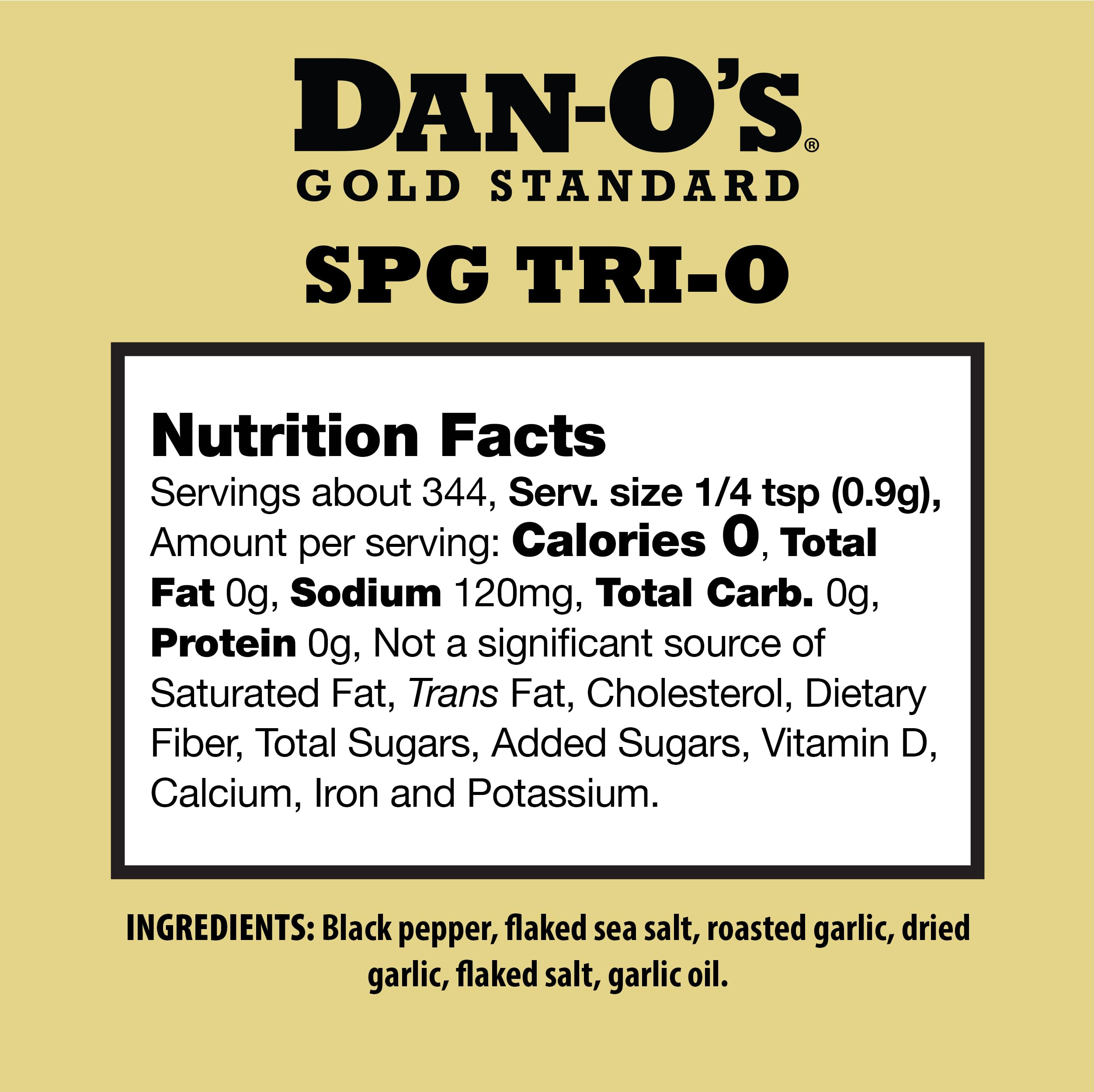 Dan-O’s SPG Tri-O bottle closeup highlights the salt, pepper, and garlic blend.
