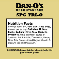 Dan-O’s SPG Tri-O bottle closeup highlights the salt, pepper, and garlic blend.