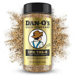 Dan-O’s SPG Tri-O bottle pour shows easy, even seasoning for grilling.