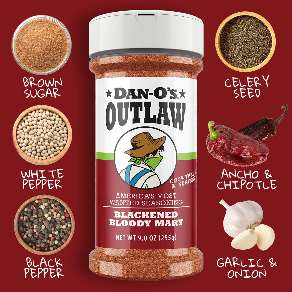Dan-O's Outlaws rimmed Bloody Mary glass with seasoning for a spicy kick