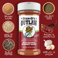 Dan-O's Outlaws rimmed Bloody Mary glass with seasoning for a spicy kick
