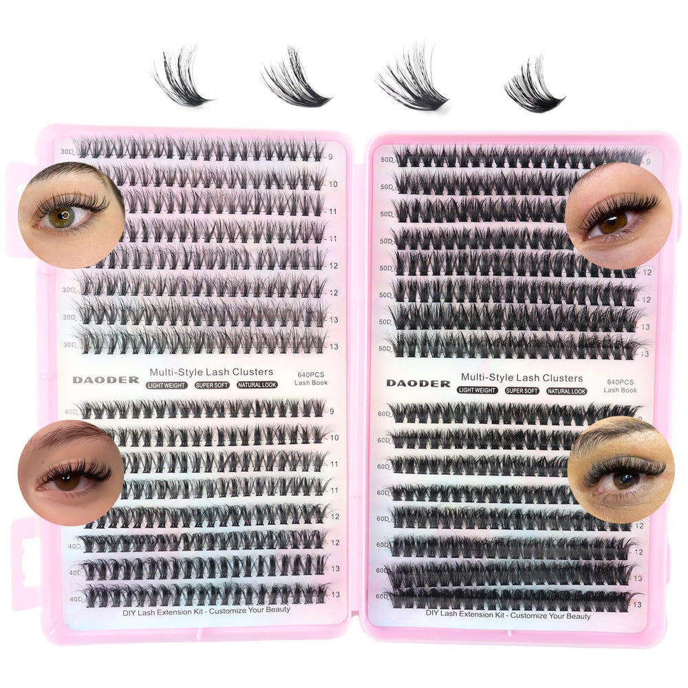 DAODER cluster lashes 640pcs mixed d-curl 30D-40D-50D-60D for customizable natural looks.