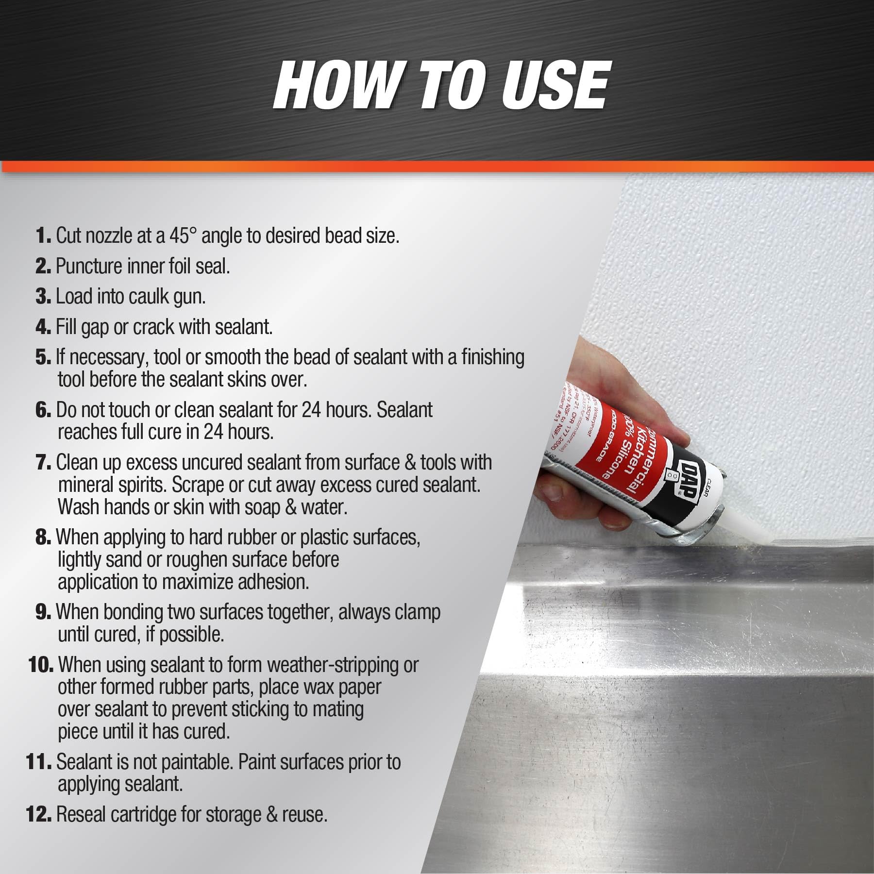 DAP 100% silicone rubber formula shows flexible joints.