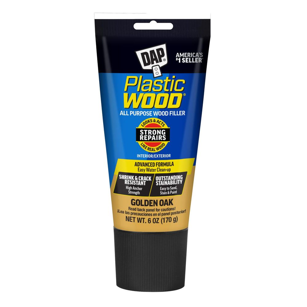 DAP 582 gold latex wood filler jar for quick repairs in golden oak.