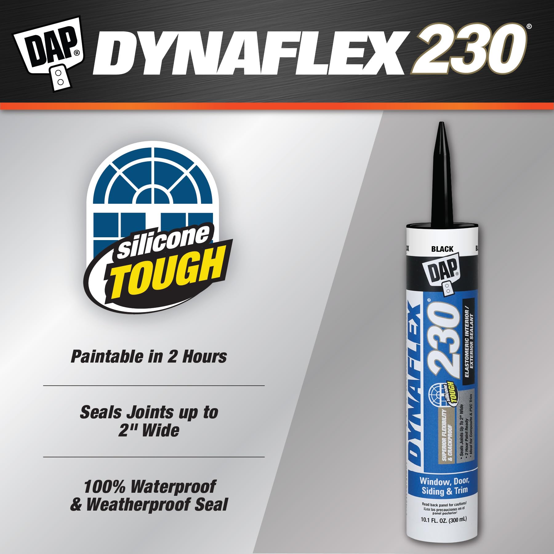 DAP Dynaflex 230 Black packaging shown for durable, paintable sealant.