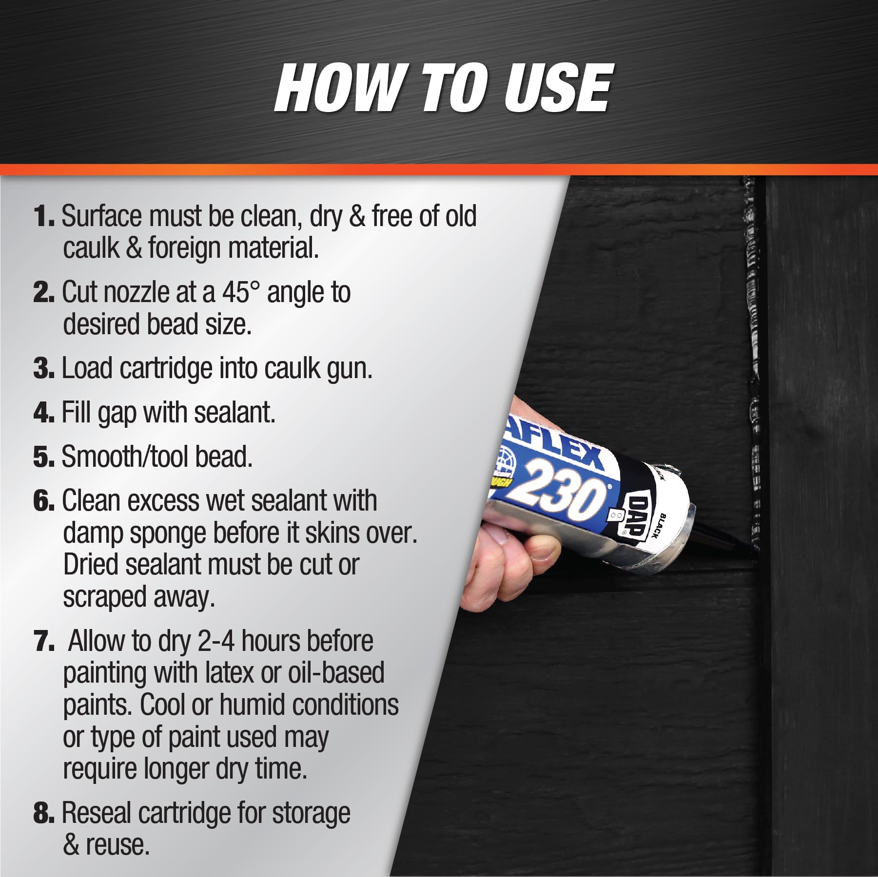 DAP Dynaflex 230 Black sealant applied on wood for flexible sealing.
