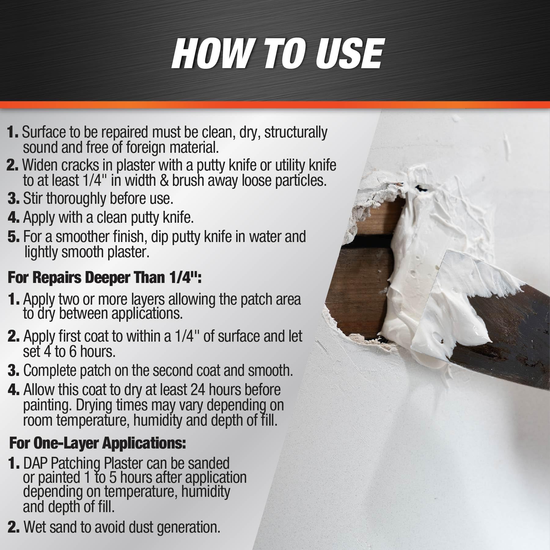 DAP Patching Plaster being applied with a tool for easy hole repairs.
