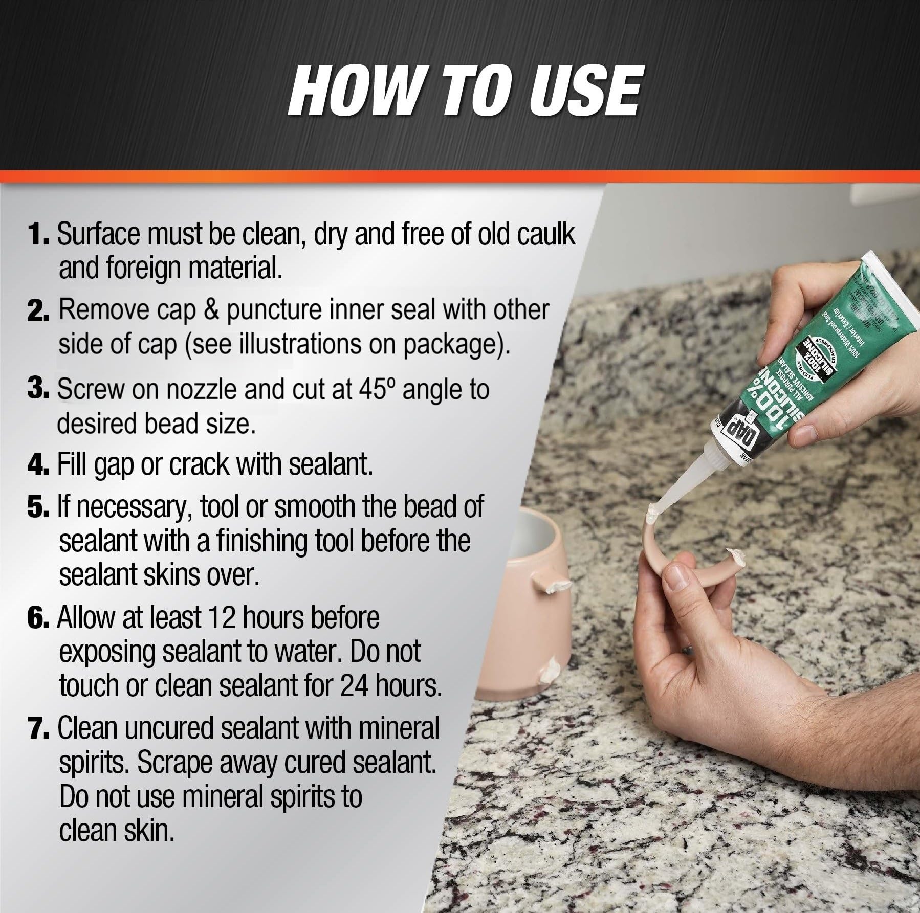 DAP All Purpose Silicone Sealant restores porcelain and ceramics with a watertight bond