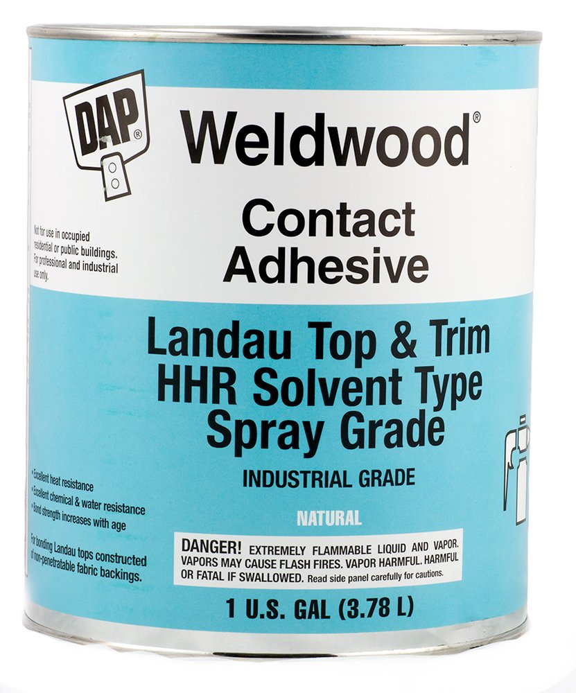 DAP Weldwood Landau Top & Trim adhesive bottle for automotive upholstery bonding.