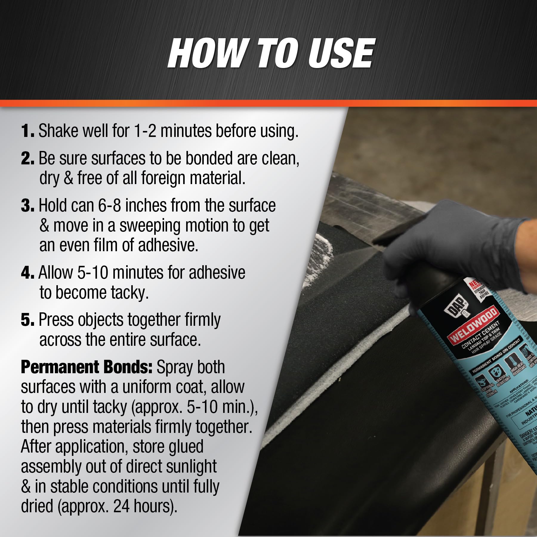 DAP Weldwood Landau Top & Trim on vinyl demonstrates versatile upholstery adhesion.