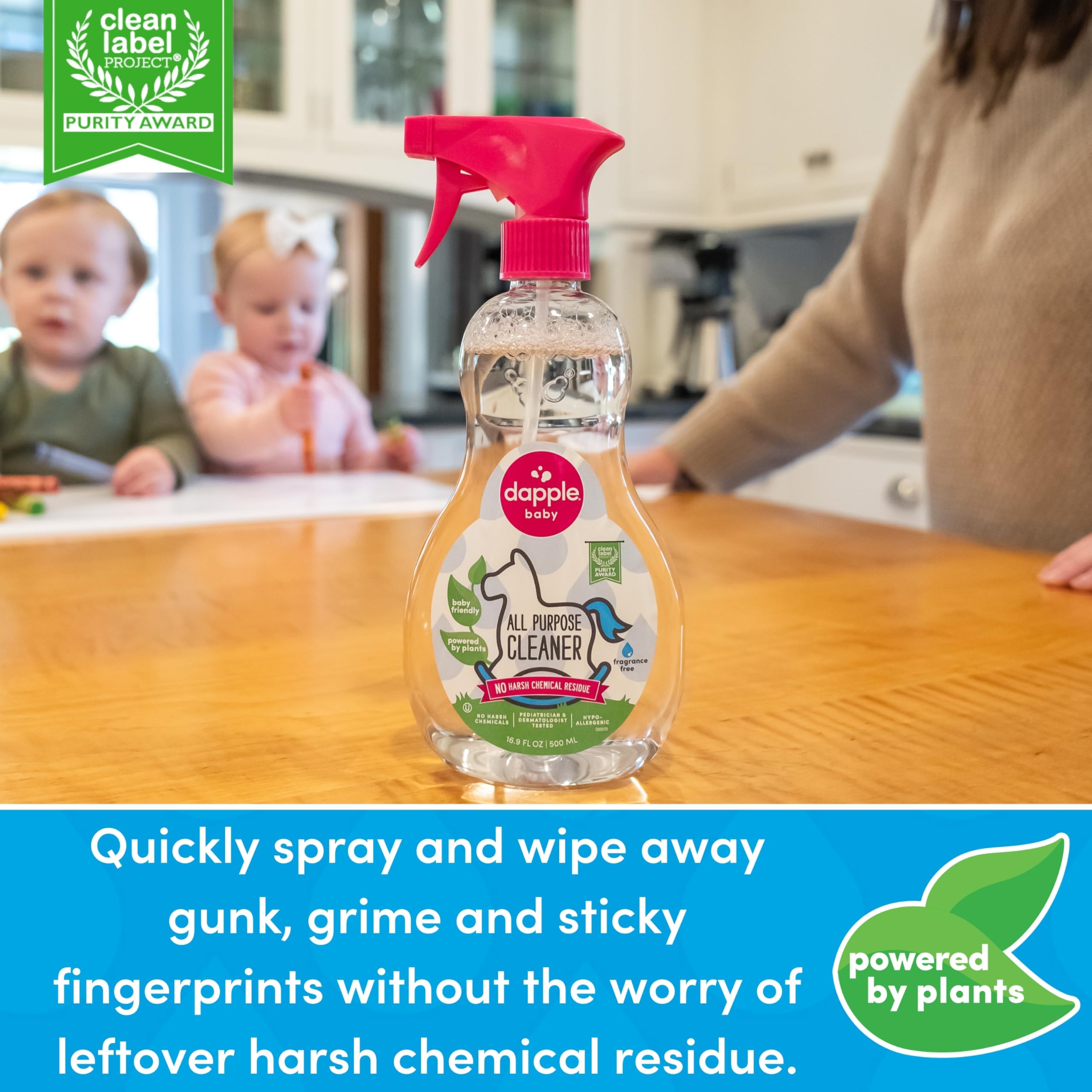 Dapple Baby All Purpose Spray on high chairs delivers a fragrance-free, gentle clean