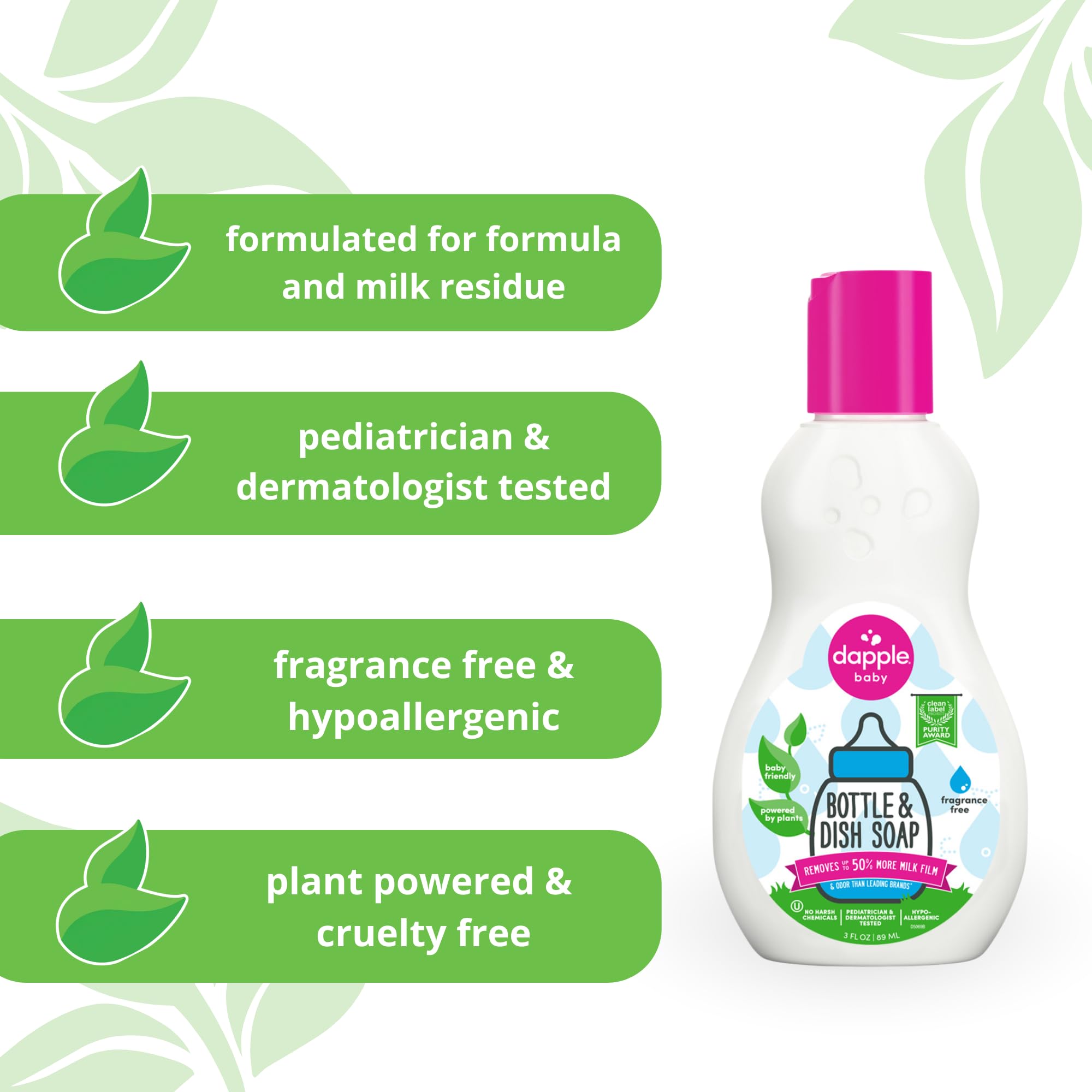 Dapple Baby Bottle Soap bottle closeup highlights plant-powered cleaning for milk film