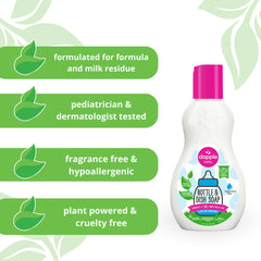 Dapple Baby Bottle Soap bottle closeup highlights plant-powered cleaning for milk film