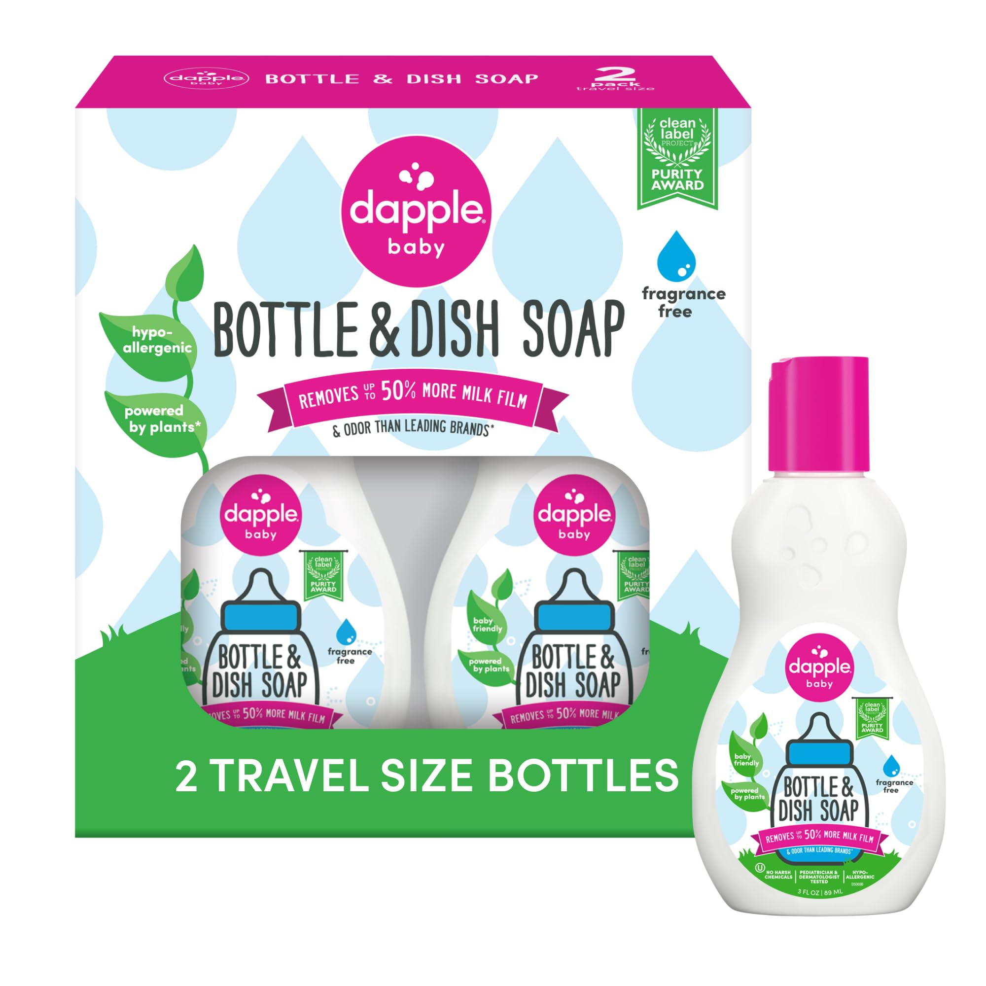 Dapple Baby Bottle Soap packaging shows fragrance-free, plant-powered cleaning for families