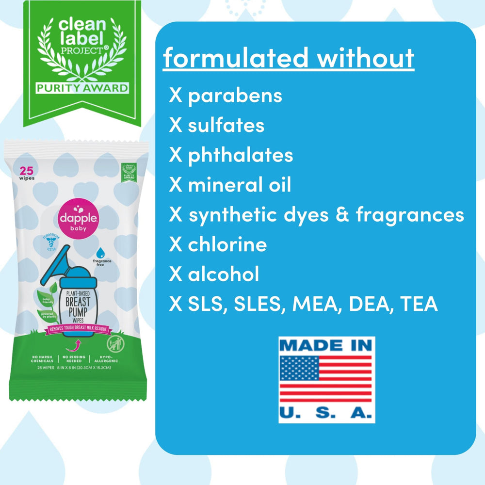 Dapple fragrance-free hypoallergenic wipes safe for bottles and pacifiers.