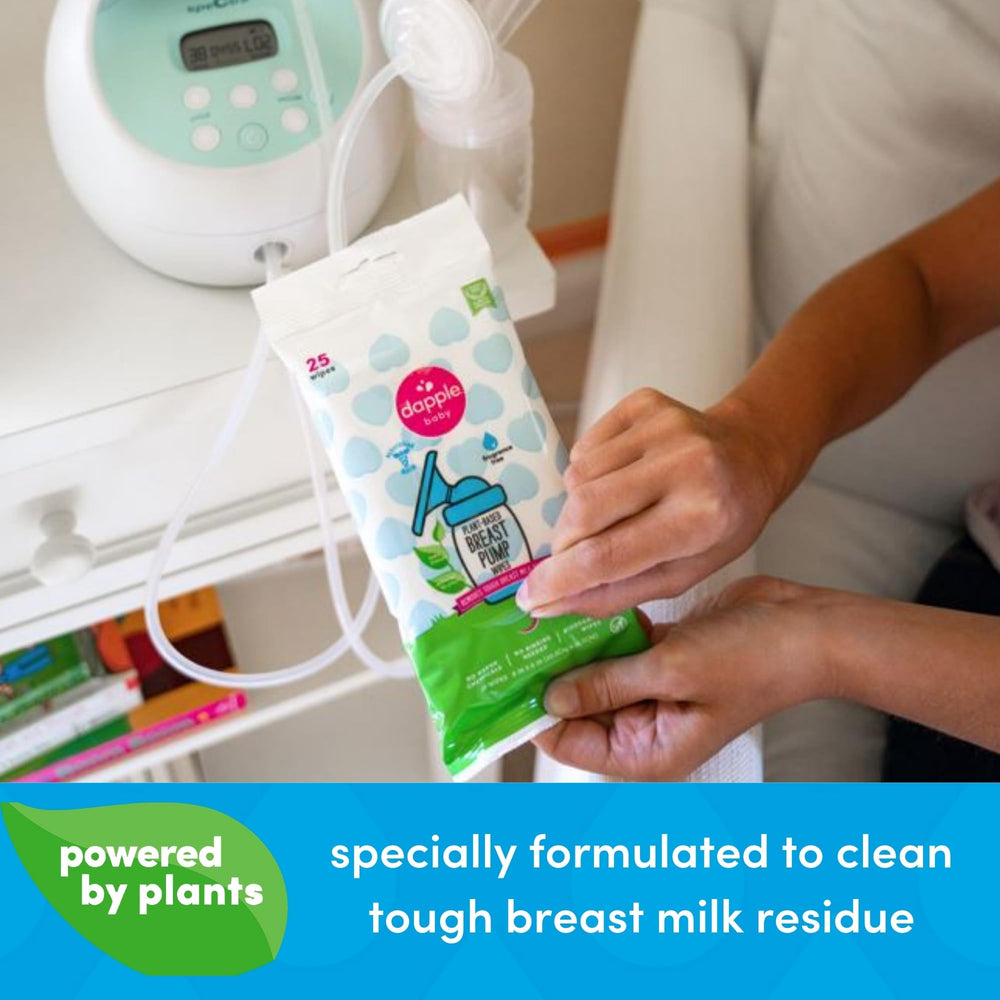 Dapple plant-based wipes removing milk residue from pump parts.