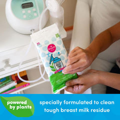 Dapple plant-based wipes removing milk residue from pump parts.