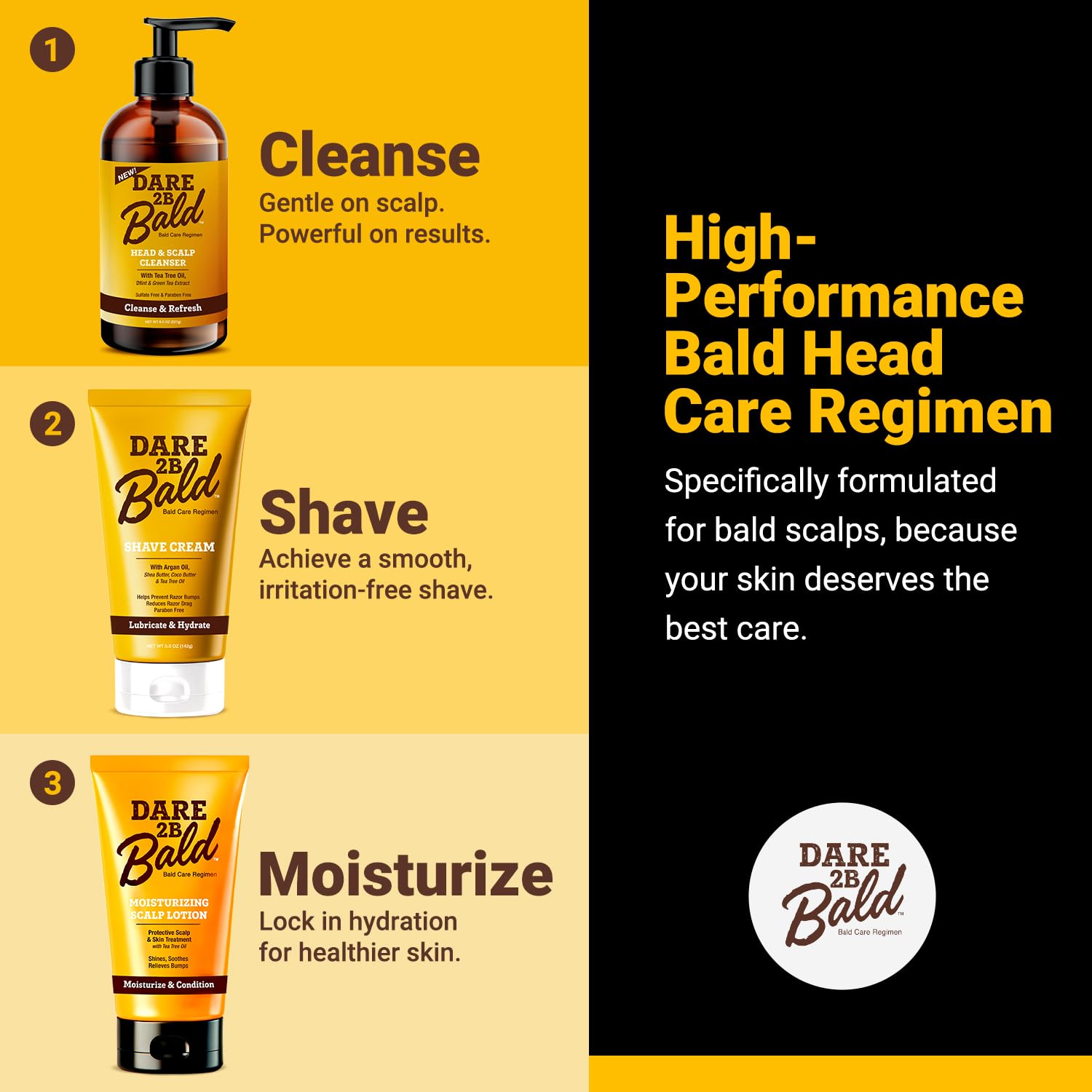 DARE TO BE BALD minimalist bathroom bottle conveying professional bald head care