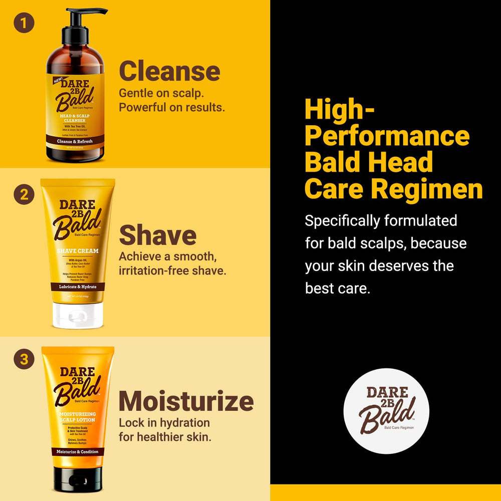 DARE TO BE BALD minimalist bathroom bottle conveying professional bald head care