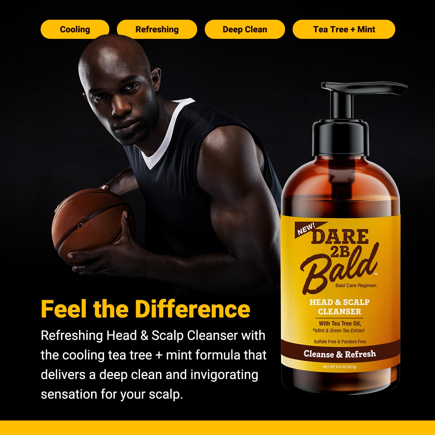 DARE TO BE BALD tea tree oil mint green tea close-up highlighting soothing scalp care