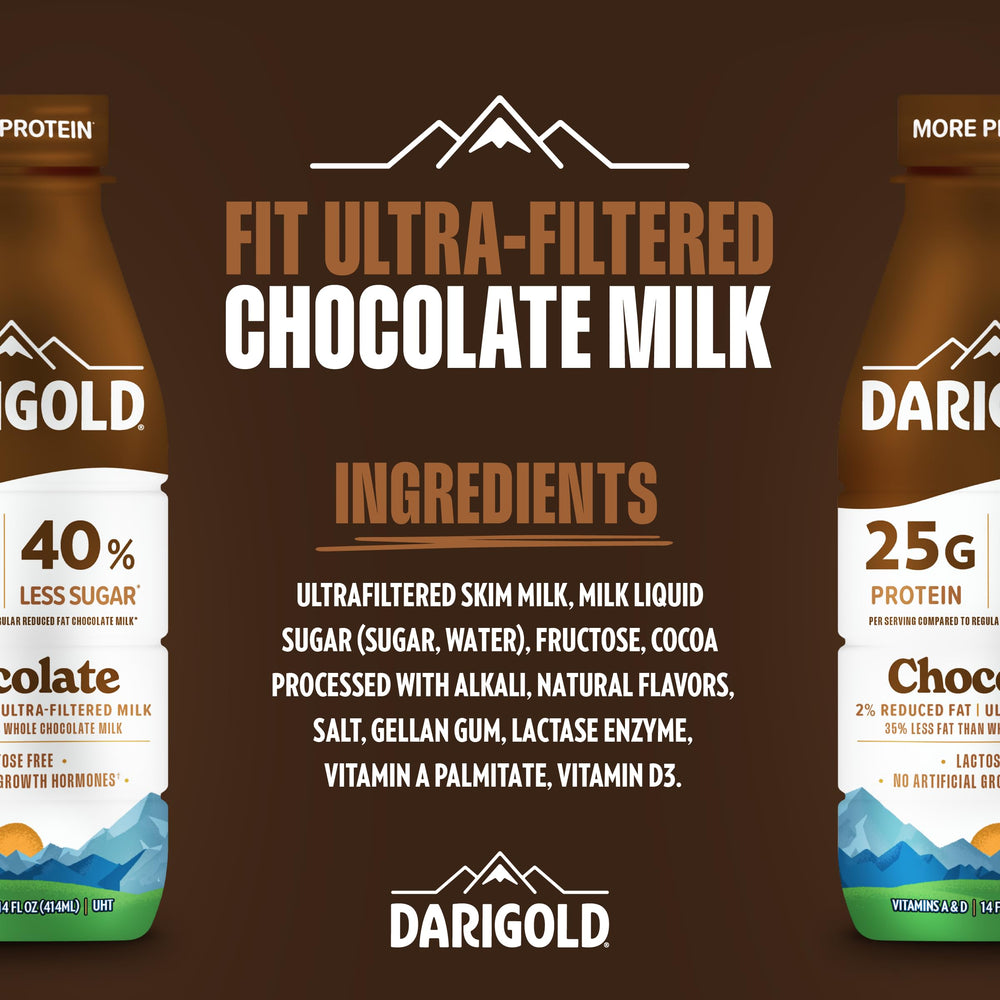 Darigold FIT 40% less sugar note suggests lighter, satisfying chocolate taste.