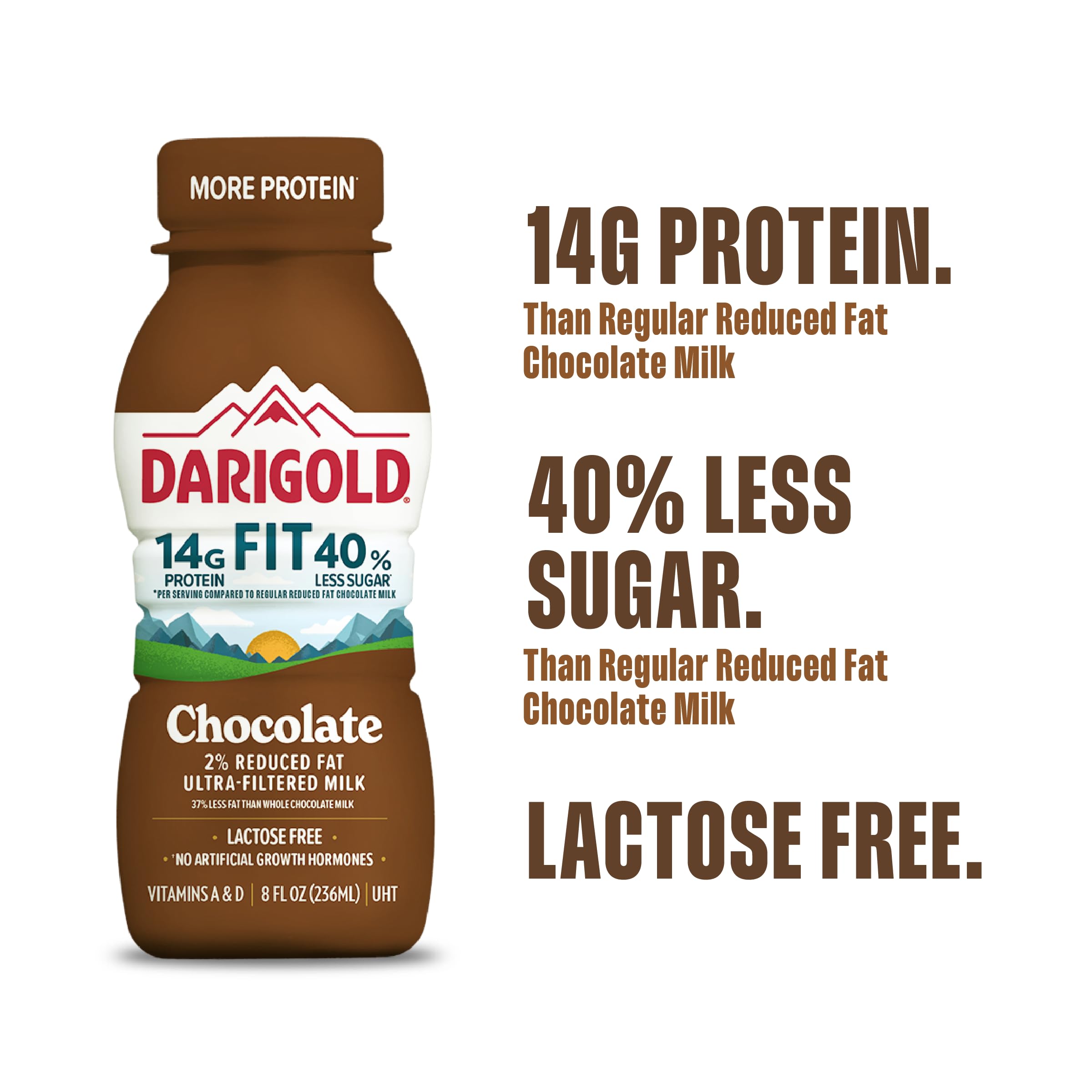 Darigold Fit bottle shows 14g protein and essential nutrients.