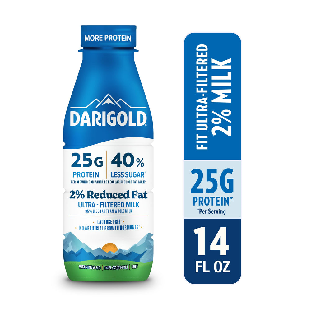 Close-up of Darigold FIT nutrition facts listing protein and sugar details.