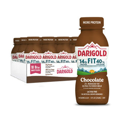 Darigold Fit ultra-filtered chocolate milk bottle highlighting 14g protein per serving for active lifestyles.